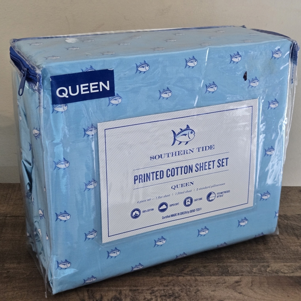 Southern Tide Printed Cotton Skip Jack Blue Topaz Fish QUEEN Sheet Set 4pc